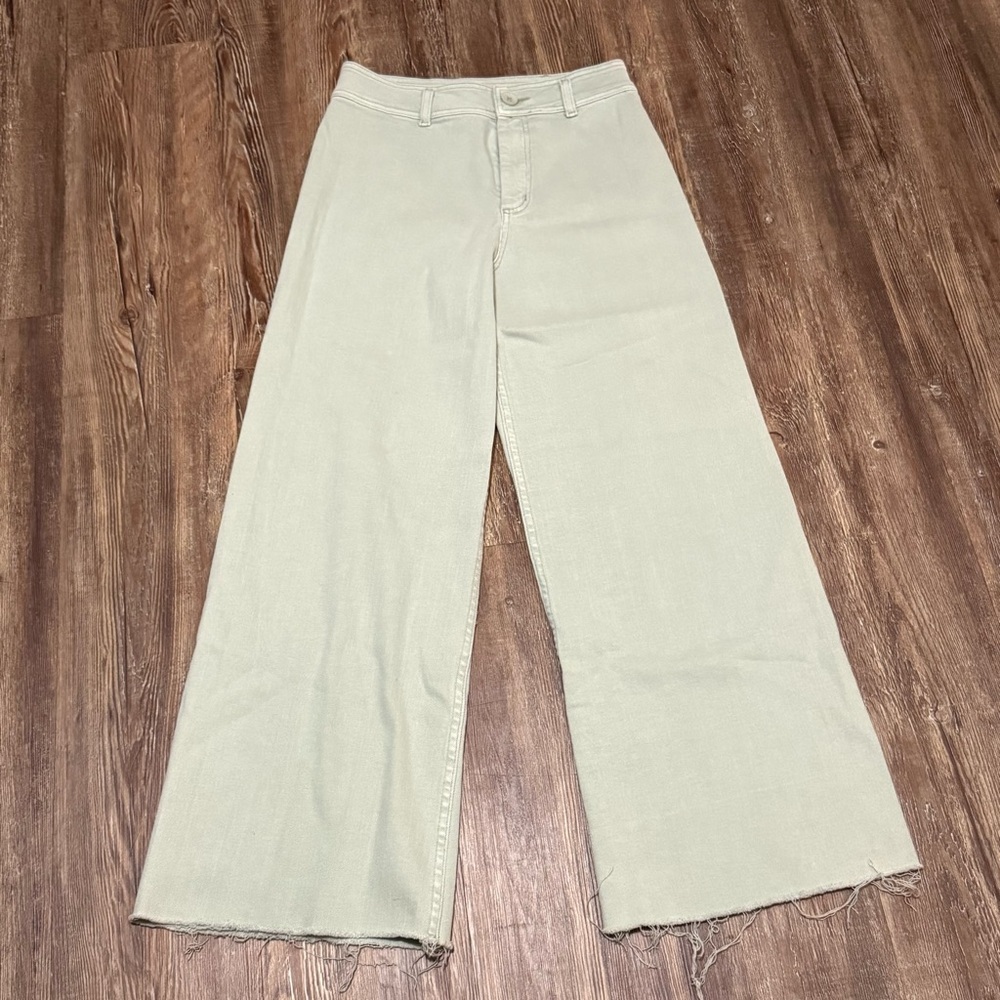 Miou Muse Wide Leg Jeans Women's Large Green Frayed Hem High Rise Denim